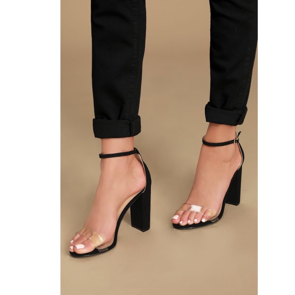 Lulu's Lizz Black Suede Ankle Strap Block Heels w/ Clear Toe Band